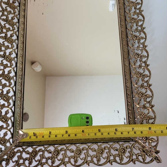 Vintage Ornate Openwork Brass Tone Metal Mirrored Vanity Tray - Picture 15 of 16